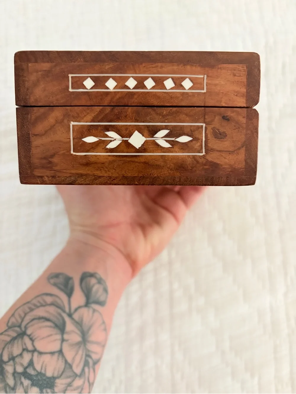 Inlaid Wood Jewelry Box with White Floral Motif made in India